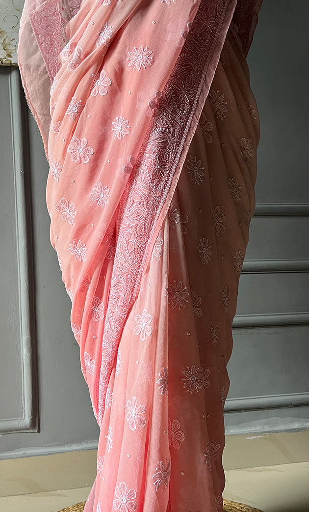 Women's Lakhnavi Handcrafted Pure Silk Georgette Chikankari - HONC0285571