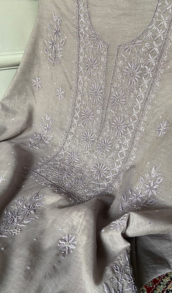 Women's Lakhnavi Handcrafted Mul Chanderi Unstitched Chikankari Full Suit Material - HONC0328104