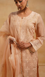 将图像加载到图库查看器中， Women's Lucknowi Handcrafted Pure Organza Silk Stitched Chikankari Kurta, Dupatta With Pant Set- HONC054558