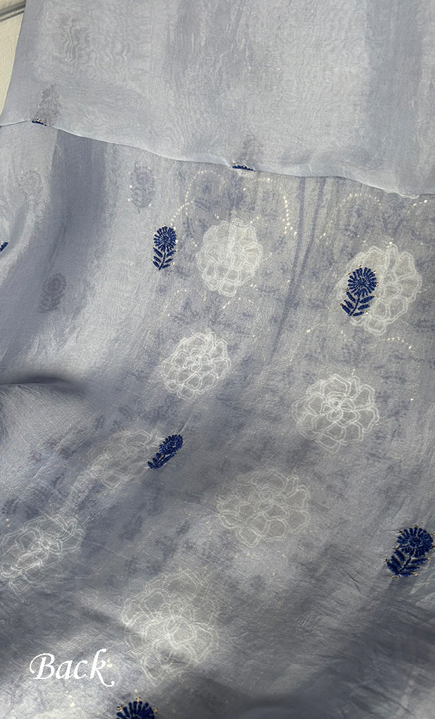 Women's Lakhnavi Handcrafted Pure Organza Chikankari Unstitched Kurta And Dupatta Set- HONC0320493