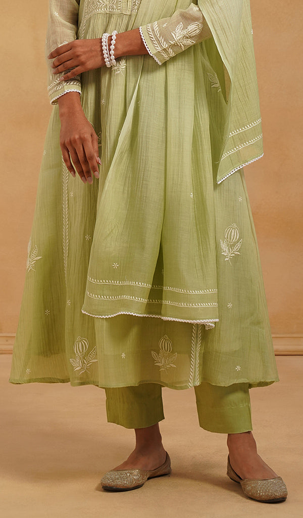 Women's Lakhnavi Handcrafted Mul Chanderi Chikankari Stitched Kurta, Dupatta And Pant Set - HONC0520644