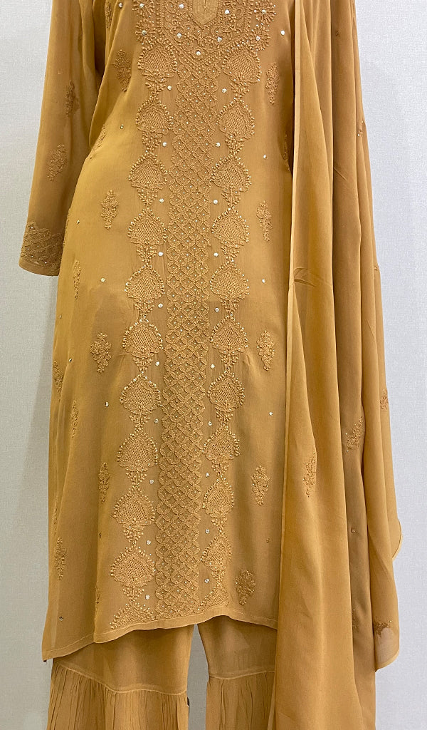 Women's Lakhnavi Handcrafted Viscose Georgette Chikankari Kurta And Palazzo Set With Dupatta -  HONC0138976