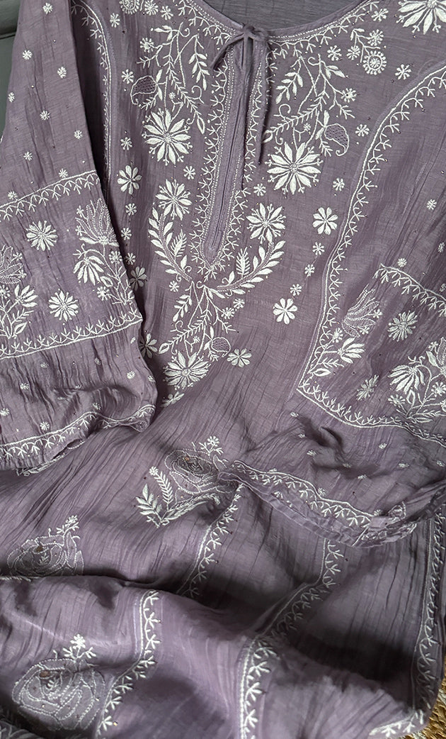 Women's Lakhnavi Handcrafted Mul Chanderi Semi - Stitched Anarkali And Dupatta Set - HONC0280980