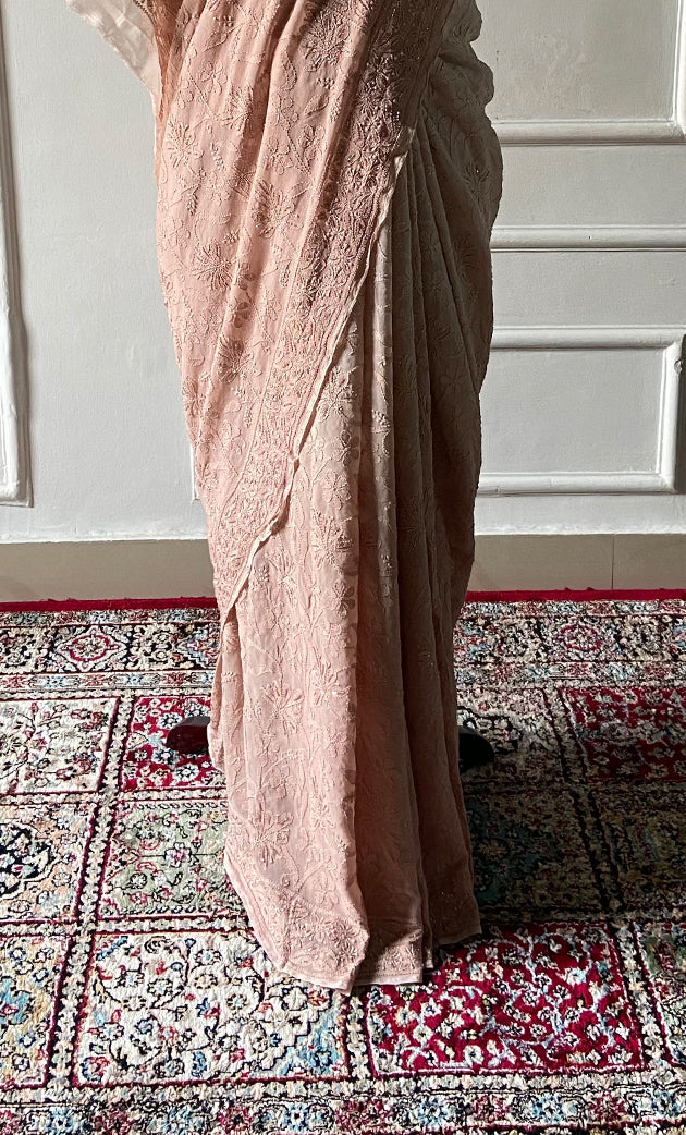 Women's Lakhnavi Handcrafted Pure Silk Georgette Chikankari Saree - HONC00327291