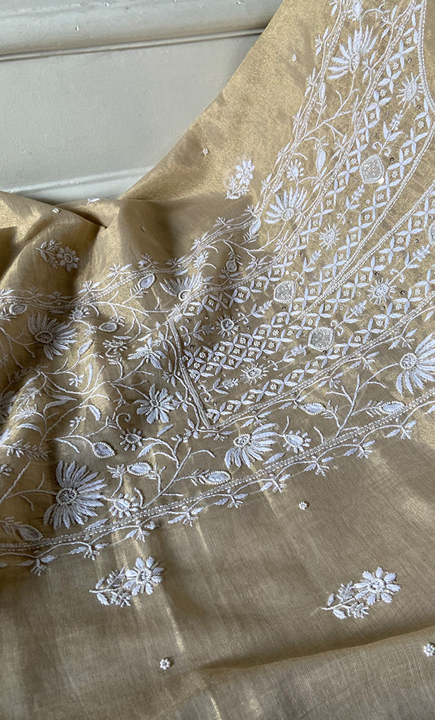 Women's Lakhnavi Handcrafted Tissue Chanderi Unstitched Chikankari Kurta And Dupatta Set - HONC0332073