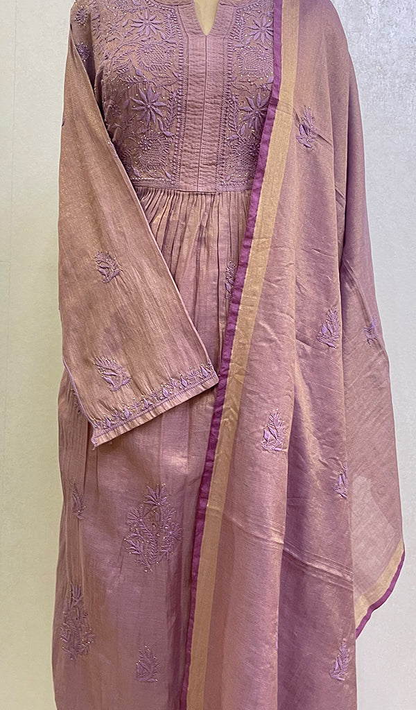 Women's Lakhnavi Handcrafted Tissue Chanderi Chikankari Semi Stitched Kurta And Dupatta Set- HONC059293