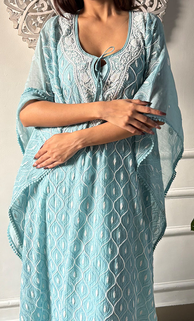 Rabia Women's Lucknowi Handcrafted Mul chanderi Chikankari Kaftan - HONC0326233