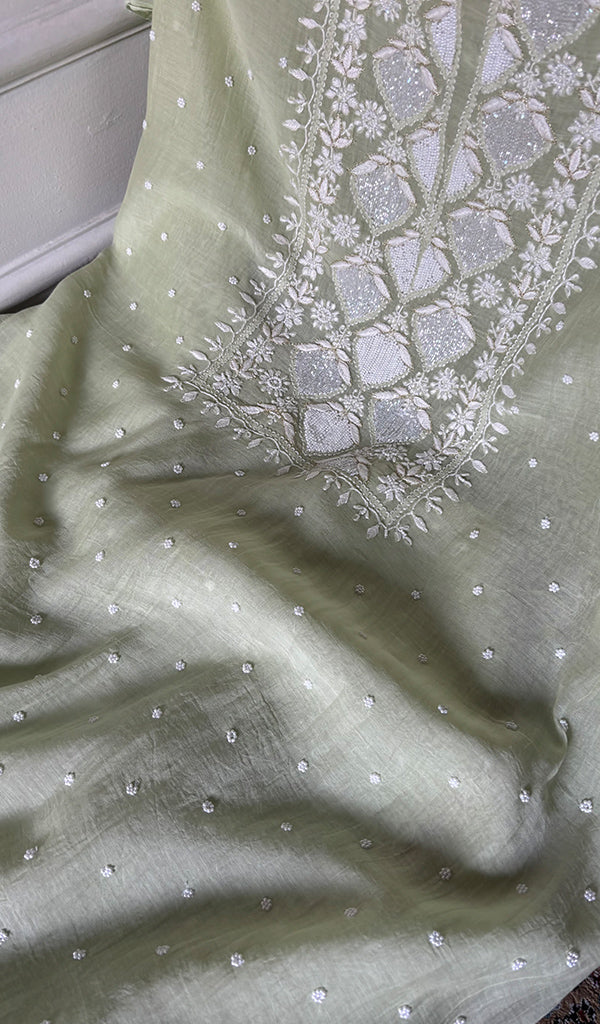Jazba Women's Lakhnavi Handcrafted Mul Chanderi Unstitched Kurta And Dupatta Set - HONC0356291