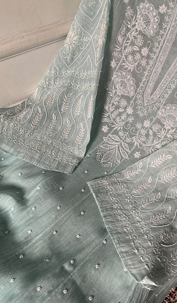 Women's Lakhnavi Handcrafted Mul Chanderi Semi - Stitched Anarkali And Dupatta Set - HONC0374955