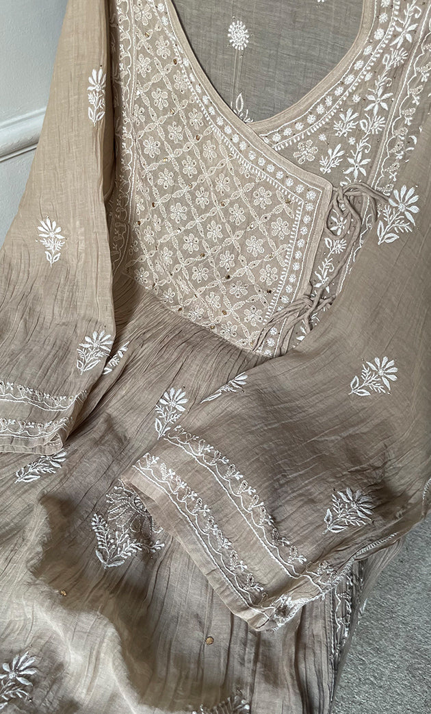 Women's Lakhnavi Handcrafted Mul Chanderi Semi - Stitched Angrakha And Dupatta Set - HONC0286658