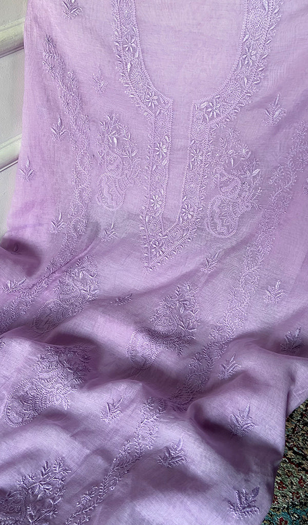 Women's Lakhnavi Handcrafted Mul Chanderi Unstitched Chikankari Full Suit Material - HONC0326124