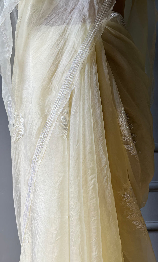 Amna Women's Lucknowi Handcrafted Pure Organza Silk Chikankari Saree - HONC0294408