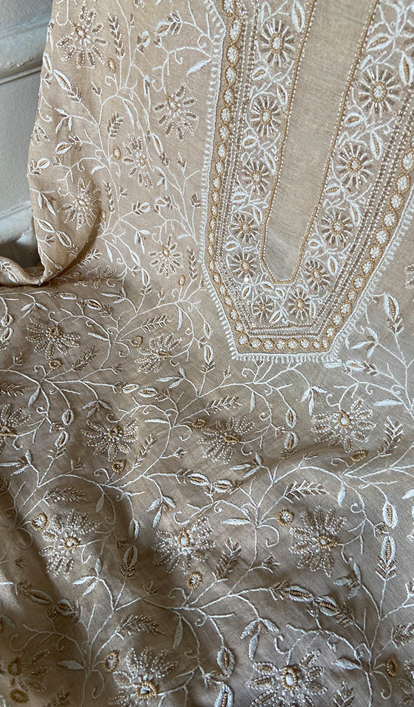 Women's Lakhnavi Handcrafted Tissue Chanderi Chikankari Unstitched Kurta Dupatta Set - HONC0352167
