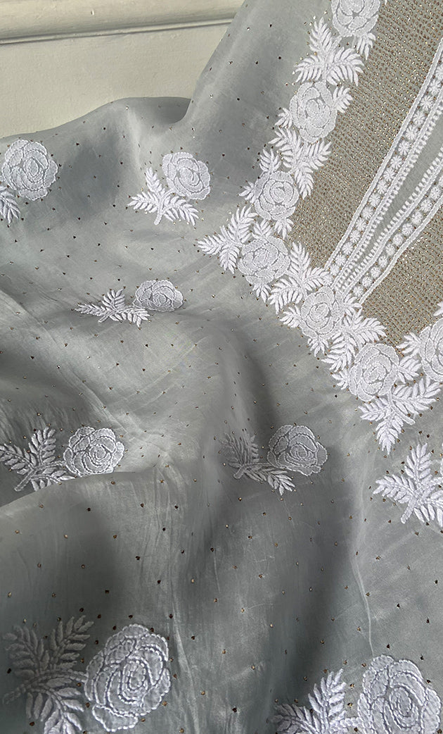 Rose Women's Lakhnavi Handcrafted Pure Organza Chikankari Unstitched Kurta And Dupatta Set- HONC0337709