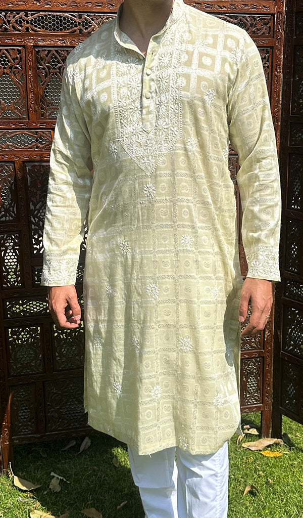 Men's Lucknowi Handcrafted Cotton Chikankari Kurta - HONC0335234