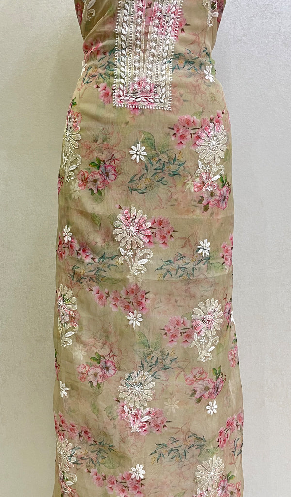 Women's Lakhnavi Handcrafted Organza Chikankari Unstitched Kurti Fabric -  HONC0166683