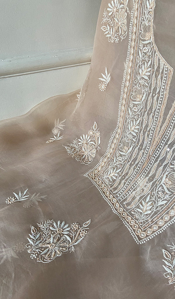 Women's Lakhnavi Handcrafted Pure Organza Chikankari Unstitched Kurta And Dupatta Set- HONC0329219