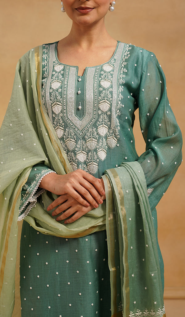 Jazba Women's Lakhnavi Handcrafted Mul Chanderi Chikankari Stitched Kurta, Dupatta And Pant Set - HONC0458975