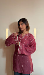Rust Pure Mul Chanderi Chikankari Stitched Short Kurti