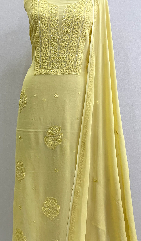 Women's Lakhnavi Handcrafted Viscose Georgette Chikankari Full Suit Material - HONC090315