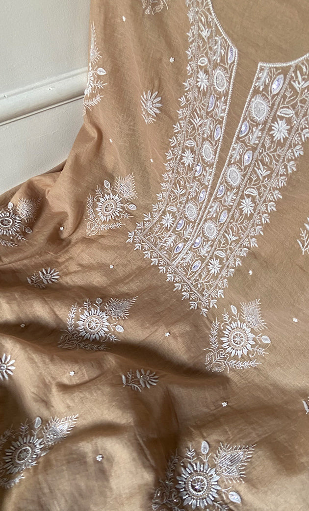 Women's Lakhnavi Handcrafted Mul Chanderi Unstitched Chikankari Full Suit Material - HONC0328323