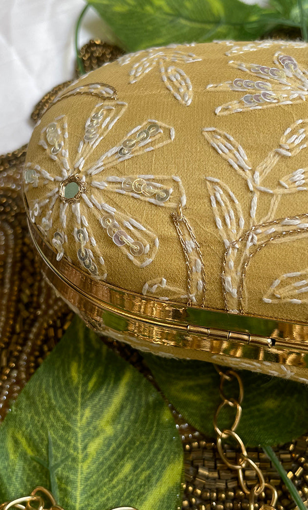 Golden Chikankari Embroidered Clutch with Stone Knob - HONC0263122
