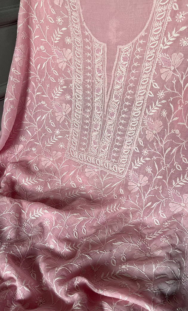 Women's Lakhnavi Handcrafted Mul Chanderi Unstitched Kurta And Dupatta Set - HONC0307428