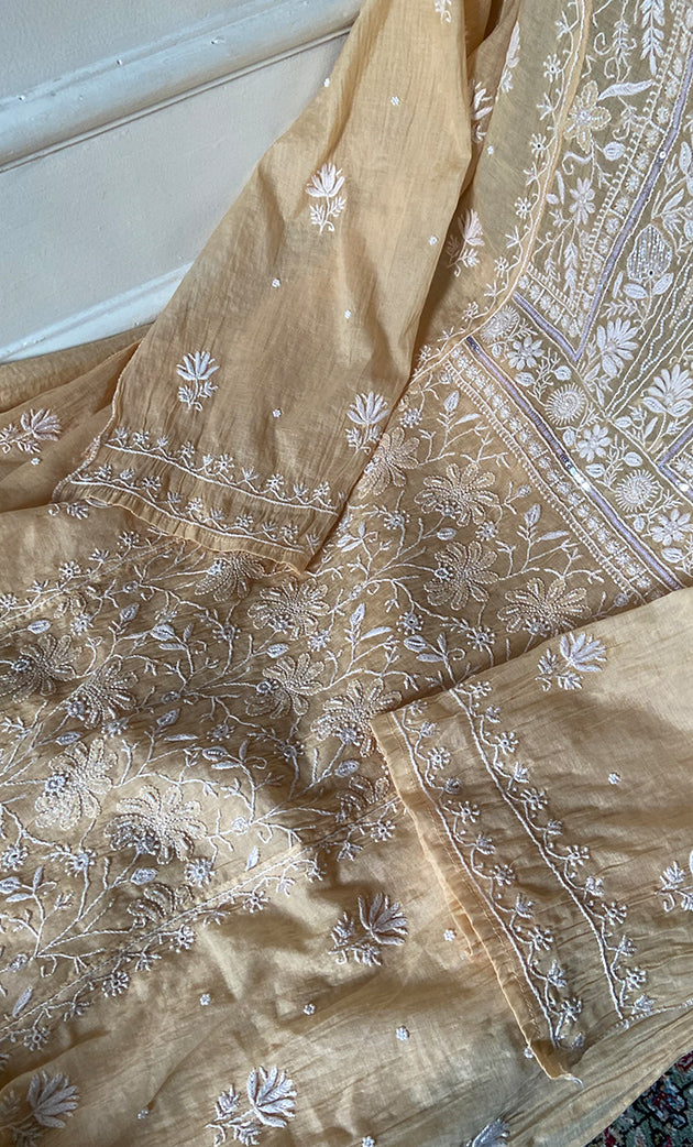 Women's Lakhnavi Handcrafted Mul Chanderi Semi - Stitched Kurta And Dupatta Set - HONC0295396