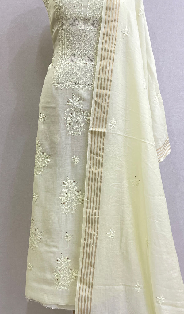 Women's Lakhnavi Handcrafted Mul Chanderi Silk Chikankari Full Suit Material - HONC0168213