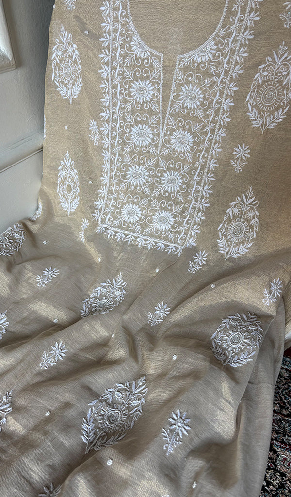 Women's Lakhnavi Handcrafted Tissue Chanderi Unstitched Chikankari Kurta And Dupatta Set - HONC0347897