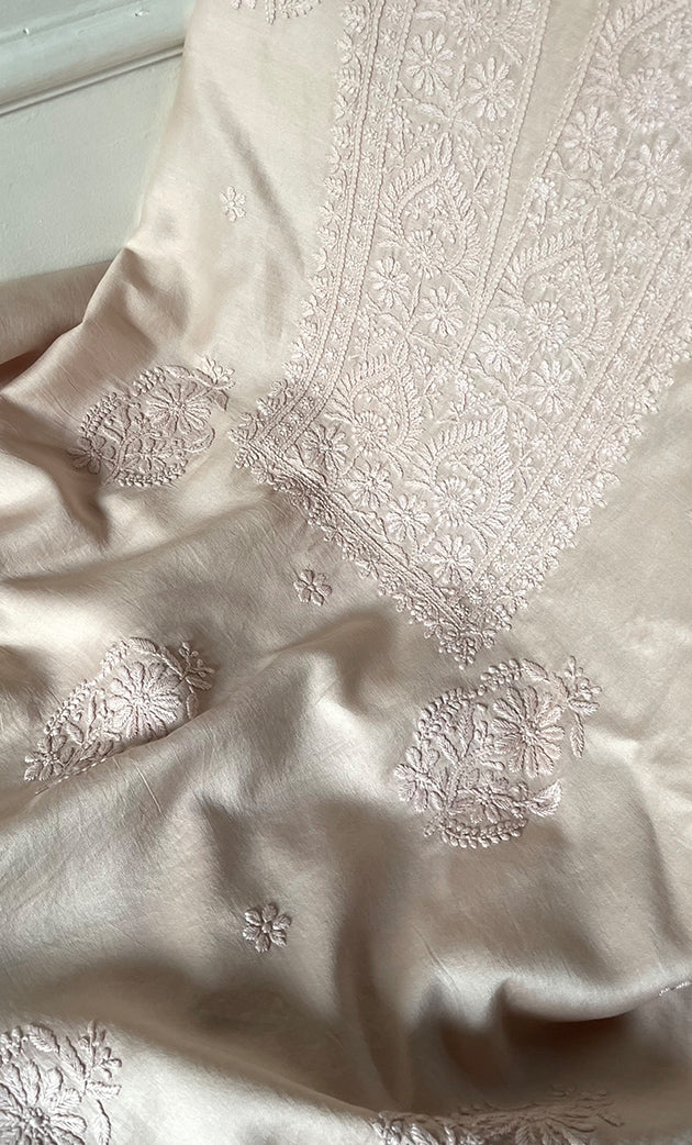 Women's Lucknowi Handcrafted Chanderi Silk Chikankari Full Suit Material - HONC0322709