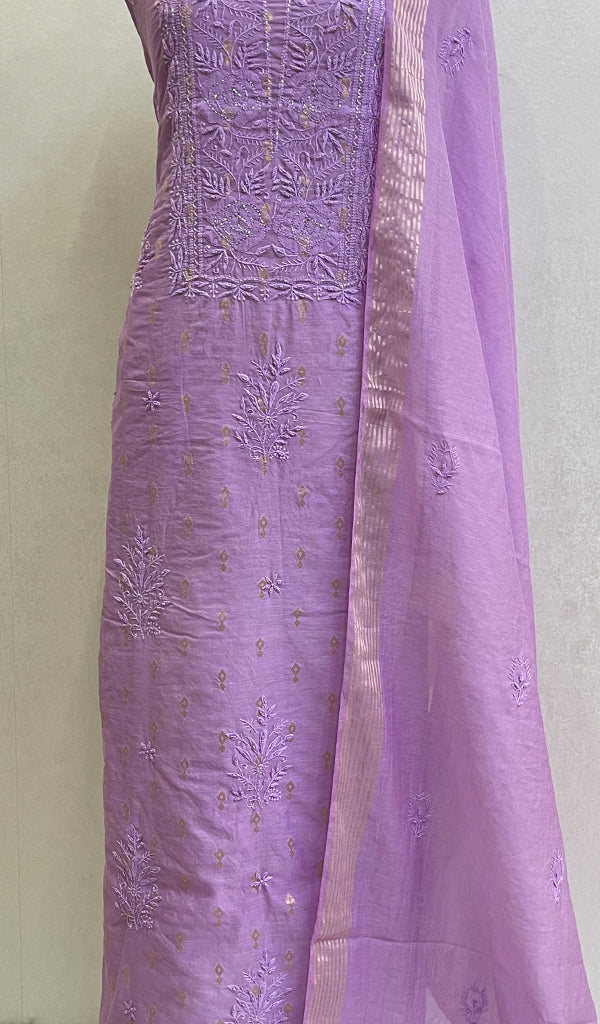 Women's Lakhnavi Handcrafted Chanderi Silk Chikankari Full Suit Material - HONC0113757