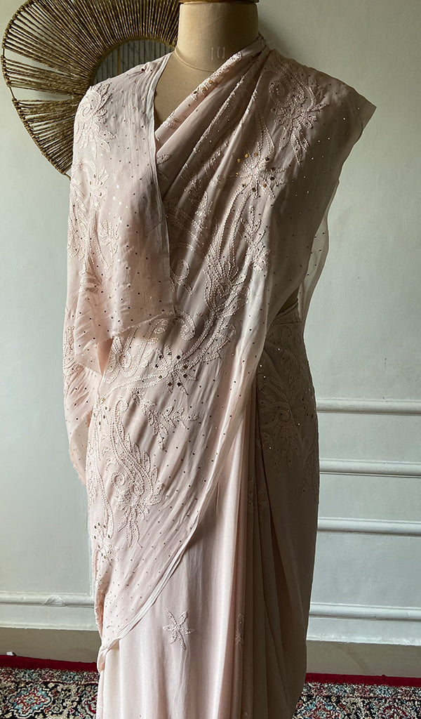 Women's Lakhnavi Handcrafted Viscose Georgette Chikankari Saree - HONC0317909