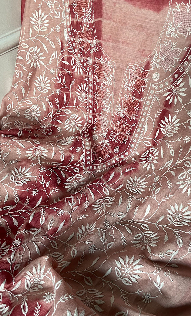 Women's Lakhnavi Handcrafted Munga Silk Chikankari Kurta And Dupatta Set- HONC0267016
