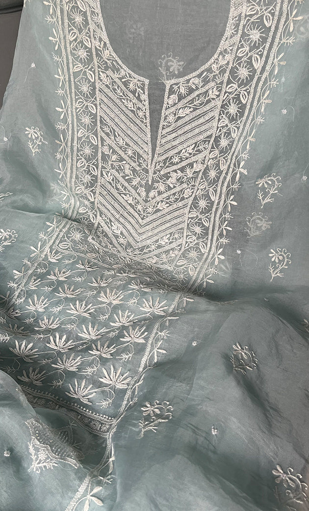 Women's Lakhnavi Handcrafted Pure Organza Chikankari Unstitched Kurta And Dupatta Set- HONC0309613