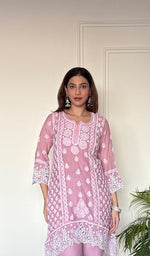 Women's Lucknowi Handcrafted Mul Chanderi Stitched Chikankari Short Kurta And Plazzo Set .