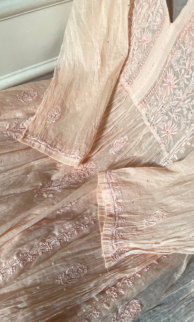 Women's Lakhnavi Handcrafted Mul Chanderi Semi - stitched Chikankari Full Suit Material - HONC0319557