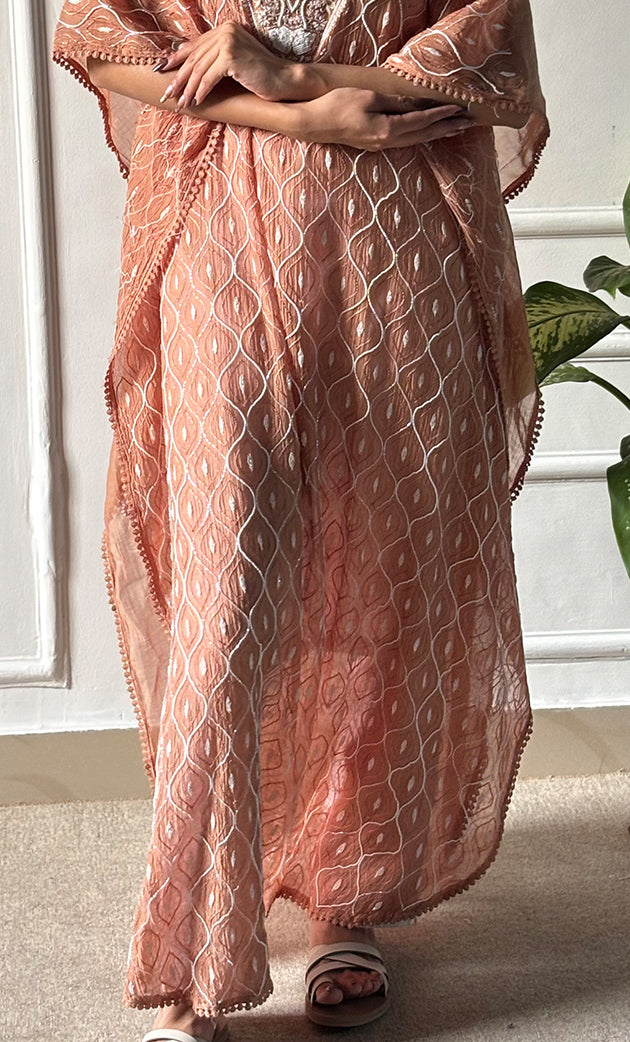 Rabia Women's Lucknowi Handcrafted Mul chanderi Chikankari Kaftan - HONC0326228