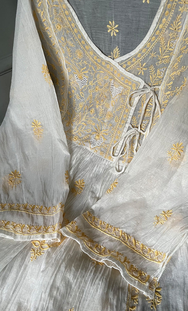 Women's Lakhnavi Handcrafted Mul Chanderi Semi - Stitched Angrakha And Dupatta Set - HONC0303234