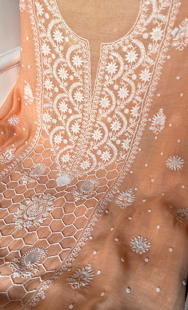 Women's Lakhnavi Handcrafted Unstitched Mul Chanderi Kurta And Dupatta Set - HONC0321794