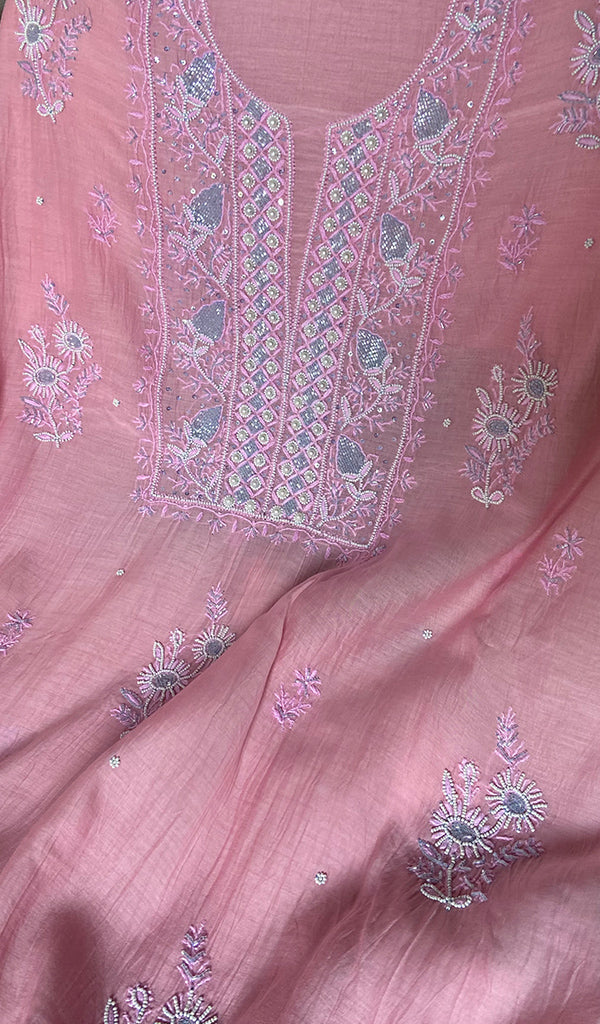 Women's Lakhnavi Handcrafted Mul Chanderi Unstitched Chikankari Full Suit - HONC0354708