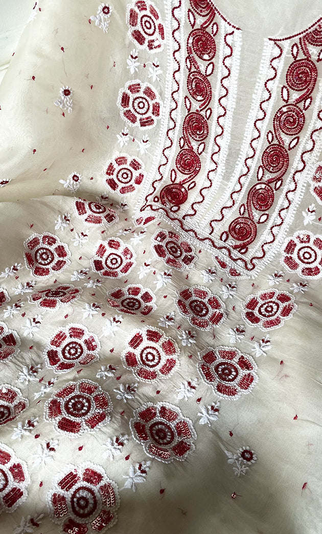 Women's Lakhnavi Handcrafted Pure Organza Chikankari Unstitched Kurta And Dupatta Set- HONC0328890