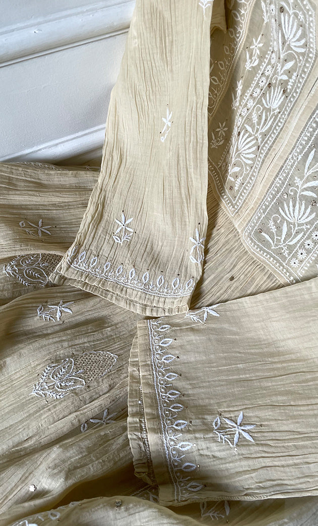 Women's Lakhnavi Handcrafted Mul Chanderi Semi-Stitched Kurta And Dupatta Set - HONC0281947