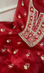 Load image into Gallery viewer, Women's Lakhnavi Handcrafted Pure Organza Chikankari Unstitched Kurta And Dupatta Set- HONC0335374