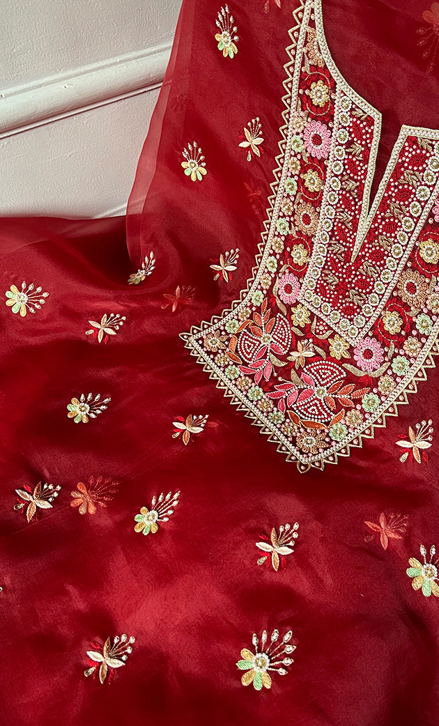 Women's Lakhnavi Handcrafted Pure Organza Chikankari Unstitched Kurta And Dupatta Set- HONC0335374