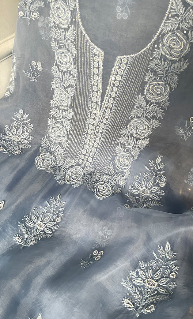 Women's Lakhnavi Handcrafted Pure Organza Chikankari Unstitched Kurta And Dupatta Set- HONC0314165