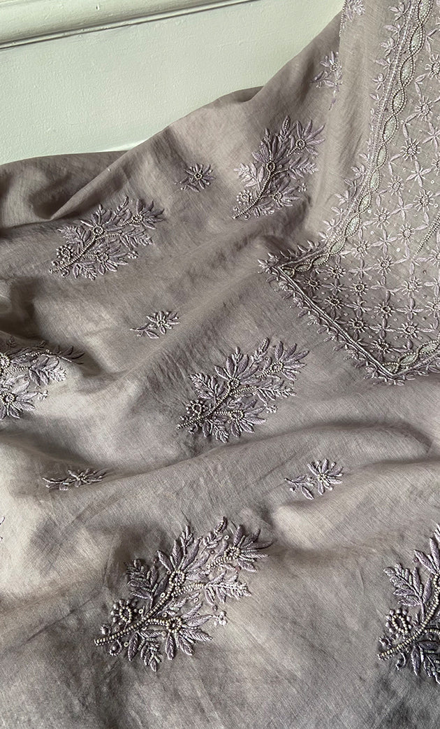 Women's Lakhnavi Handcrafted Mul Chanderi Unstitched Chikankari Full Suit Material - HONC0328112