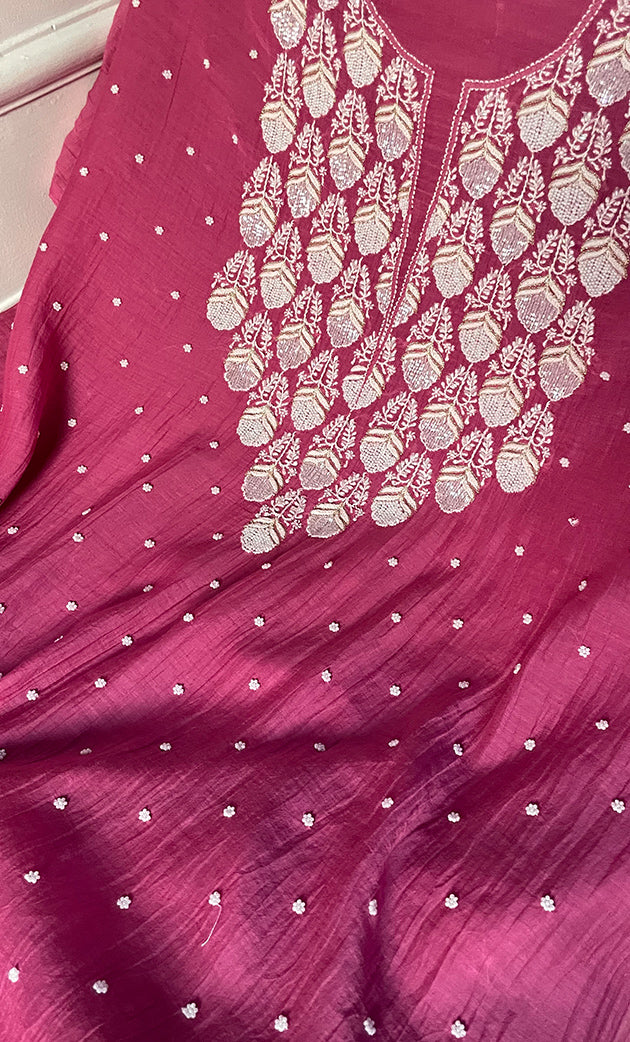Jazba Women's Lakhnavi Handcrafted Mul Chanderi UnStitched Kurta And Dupatta Set - HONC0318608