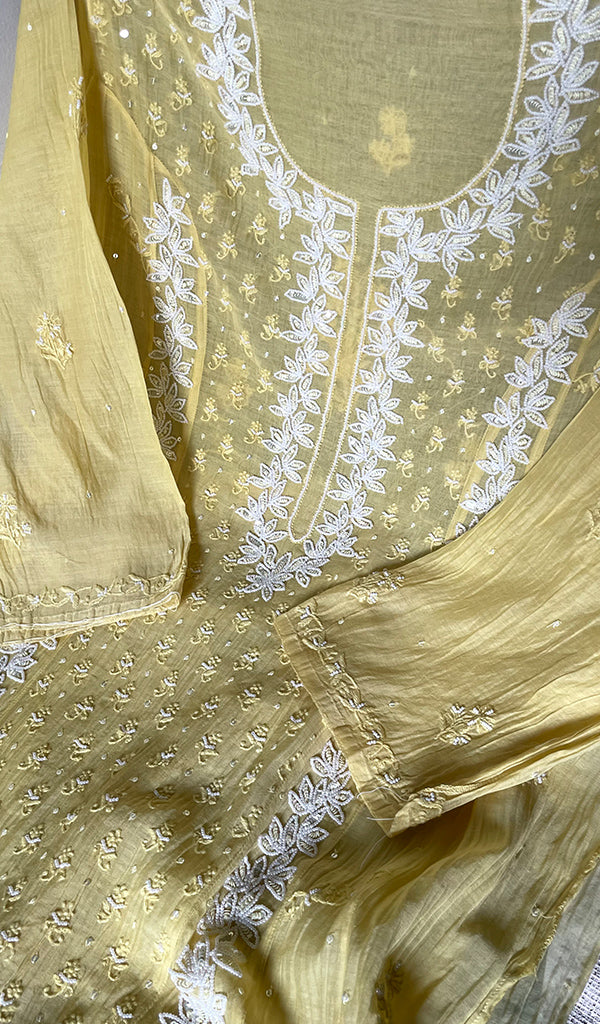 Saziya Women's Lakhnavi Handcrafted Mul Chanderi Semi - stitched Chikankari Full Suit Material - HONC0321283