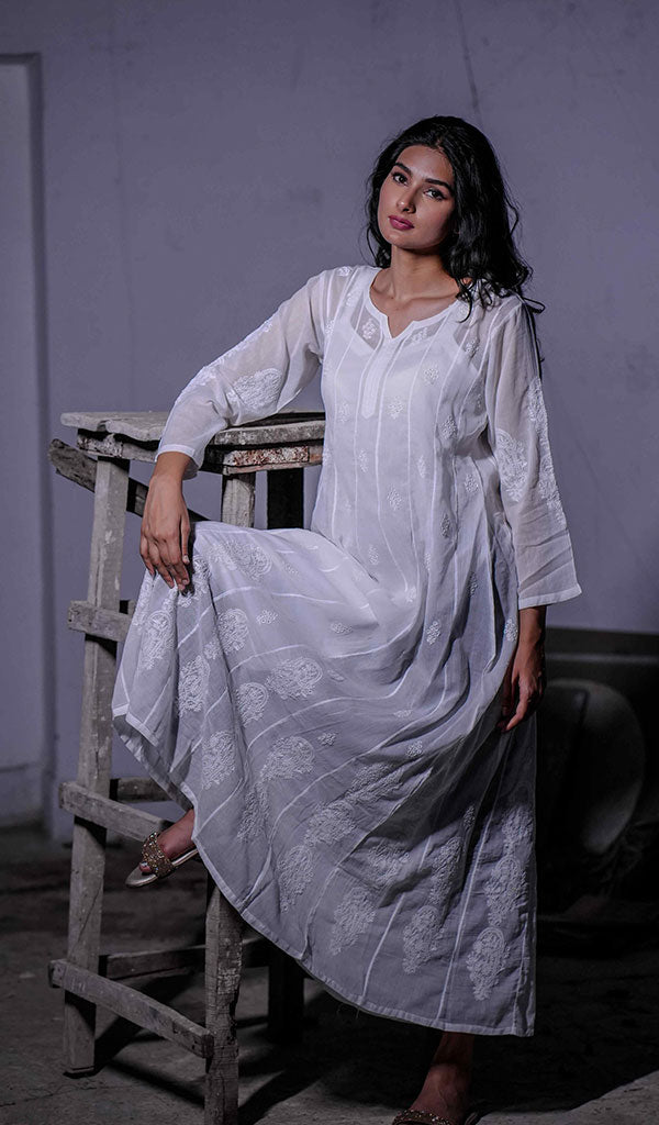 Alamzaib Women's Lucknowi Handcrafted Cotton Chikankari Anarkali Dress - HONC0206764